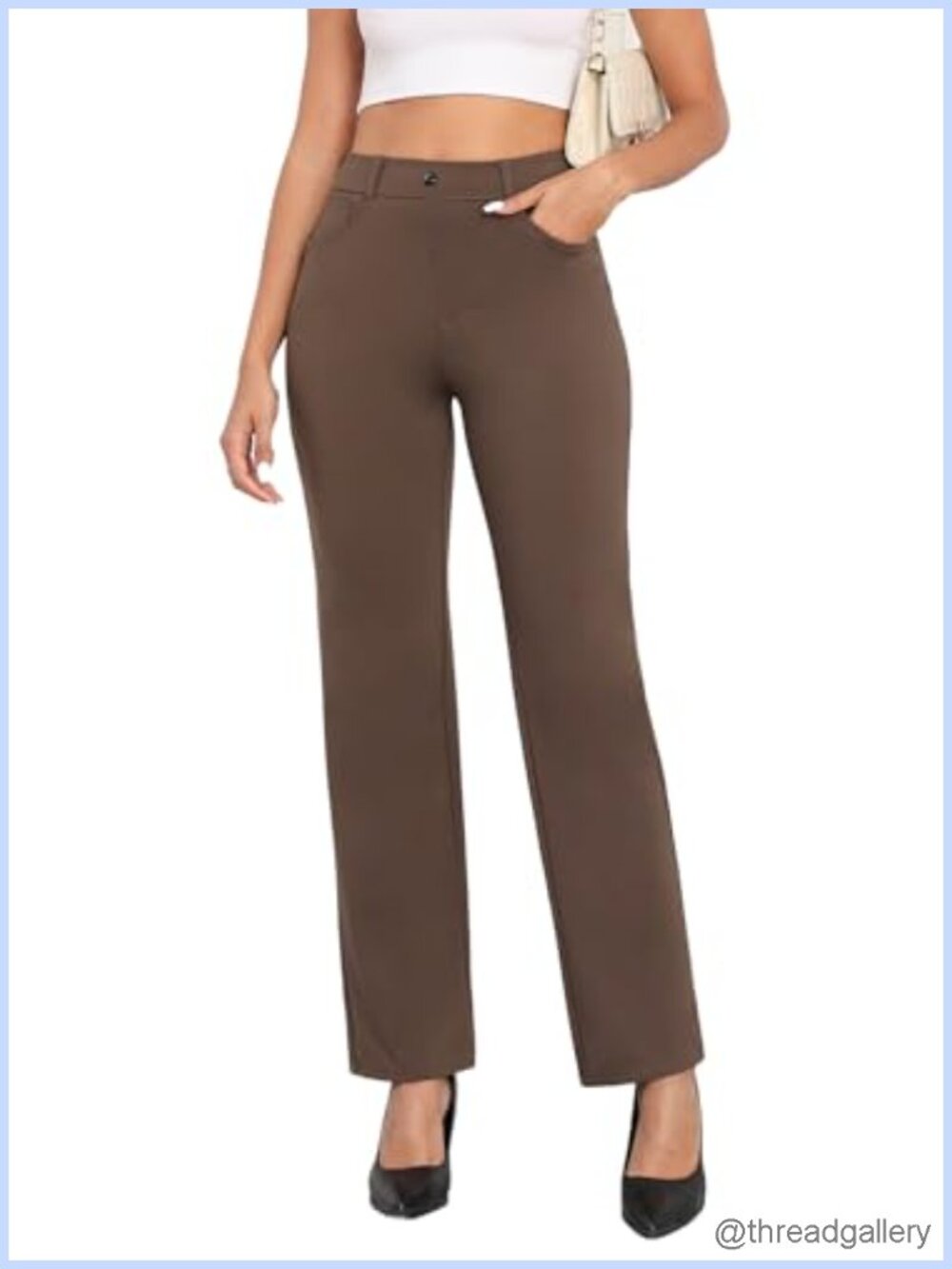 High Waisted Straight Leg Dress Pants Stretchy Pull On Office Work Slacks